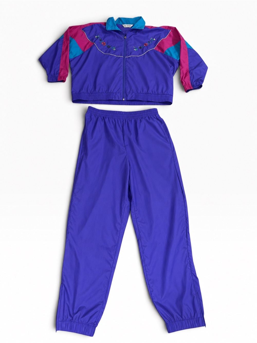 Vintage Two Twenty 80s 90s Purple Colorblock Floral Windbreaker Tracksuit Set